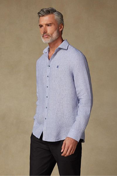 Abbate Lieno Linen Linen Comfort Fit Navy Blue Classic Collar Men's Striped Shirt