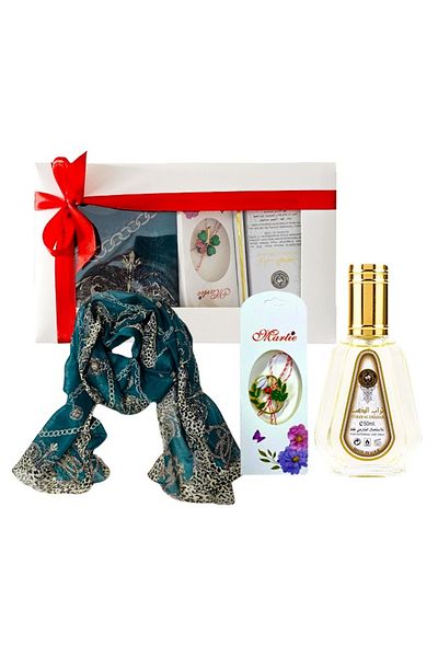 OEM Opalia set with scarf, Arabic perfume Ard al Zaafaran 50 ml and martissor brooch