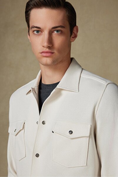 Abbate Urbano Armür Overshirt Pamuklu Oversize Fit Ekru Klasik Yaka Erkek Düz Gömlek