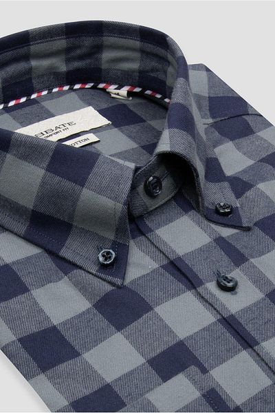 Abbate Luis Twill Cotton Comfort Fit Light Gray Button Collar Men's Plaid Shirt