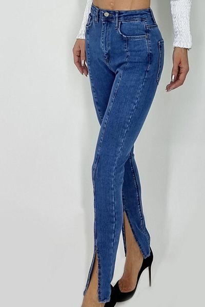 FashionForYou Blugi de damă Tessa, croială regulată, talie medie, decupaj în partea de jos și cusături contrastante, albastru, mărimea 38