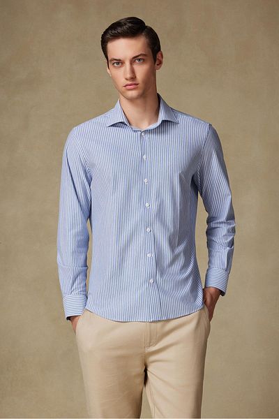 Abbate Florence Jersey Cotton Blend Comfort Fit Navy Classic Collar Men's Striped Shirt