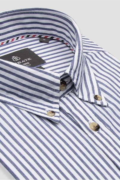 Abbate Alba Linen Cotton Linen Blended Comfort Fit Navy Blue Button Collar Men's Striped Shirt