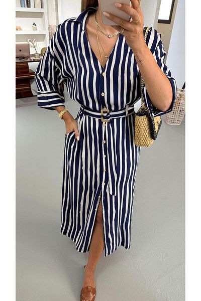 Sezgi Tekin Belt Detail Navy Blue Striped Shirt Dress