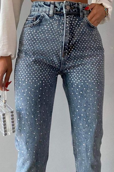 FashionForYou Blugi glim mom fit, talie înaltă, paiete în față, buzunare și croială conică, Albastru, 34