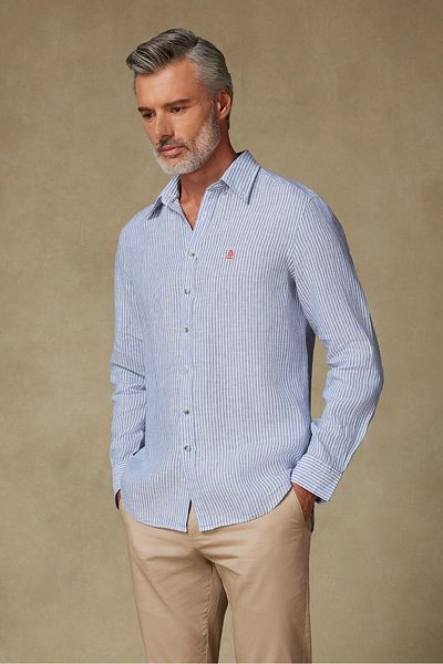 Abbate Sorento Linen Linen Comfort Fit Light Blue Button Collar Men's Striped Shirt