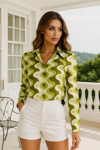 Rich Cămașă de damă din satin verde cu model în zig-zag, cu butoane ascunse, slim fit, la modă