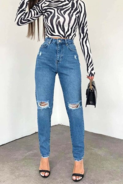 FashionForYou SEUL slimfit mom jeans, with perforations and high waist, Blue