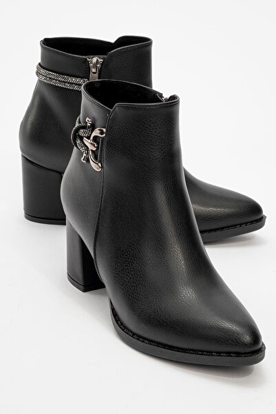 CCWAY AYAKKABI بوت نسائي بكعب حجري جلد أسود