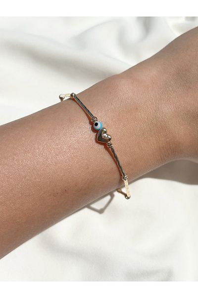 Eylülün Takısı Women's Gold Color Blue Beaded Heart Bracelet