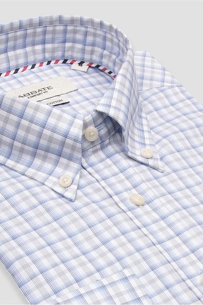 Abbate Aldox Poplin Cotton Comfort Fit Light Blue Button-Down Collar Men's Checkered Shirt