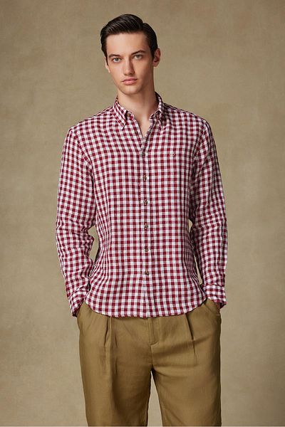 Abbate Sorento Linen Linen Comfort Fit Red Button Collar Men's Checkered Shirt