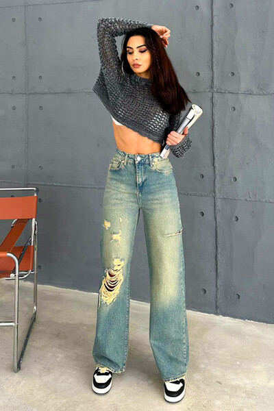 FashionForYou Blugi baggy Manila, cu perforatii multiple si aspect prespalat, Verde marin