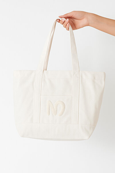 UCCELLO White Tote Bag with N Logo - Beach Bag, Thick Fabric, Orange Lining, Shoulder Strap