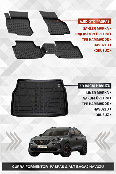 Sahler Cupra Formentor 2020-2024 Uyumlu 4.5D Premium Havuzlu Oto Paspas ve Liner Marka 3D ALT Bagaj