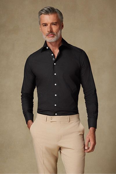 Abbate Sartoria Poplin Stretch Cotton Blend Slim Fit Black Italian Collar Men's Solid Shirt