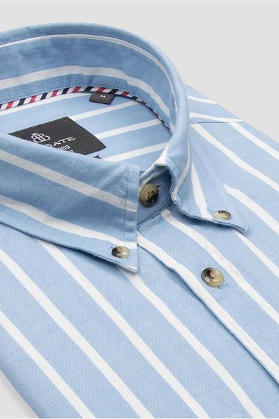 Abbate Alba Linen Cotton Linen Blended Comfort Fit Blue Button Collar Men's Striped Shirt