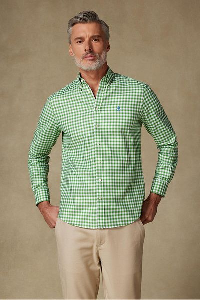 Abbate Lusso Twill Cotton Comfort Fit Green Button Collar Men's Checkered Shirt