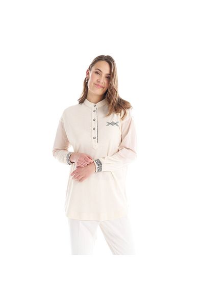 Kayra Fabric Mixed Embroidered Tunic Ecru