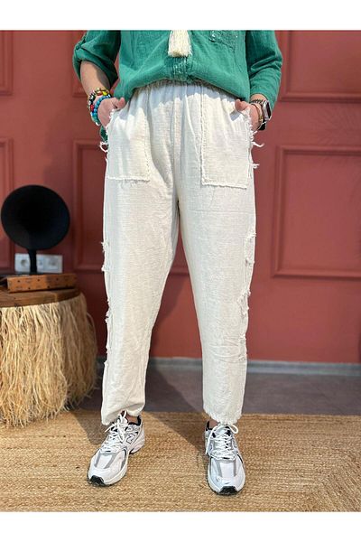 AGORATEKSTİL Women's Piece Side Mesh Rubber Waist Linen Trousers