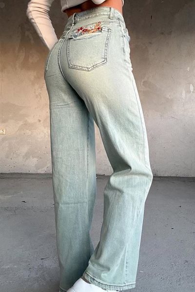 FashionForYou Rio Grande Embroidered Wide Leg Prewashed Jeans, With Super Elastane, Blue Grey, Xl
