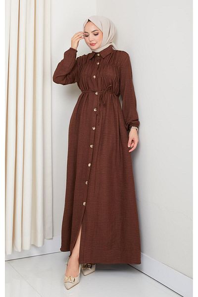 HARMAN BUTİK Women's Gathered Detailed Belted Buttoned Brown Dress