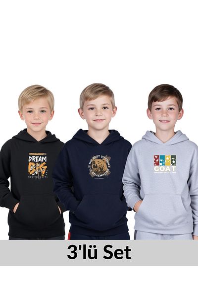 YA KO KİDS 3-Pack Hooded Kangaroo Pocket Printed Boy's Sweatshirt