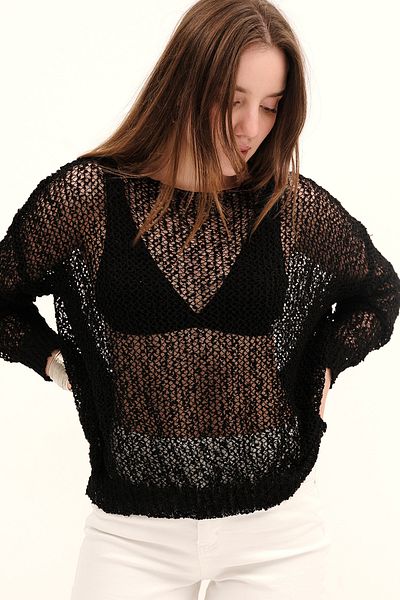 Addax Boat Neck Openwork Knitwear T2928-B4
