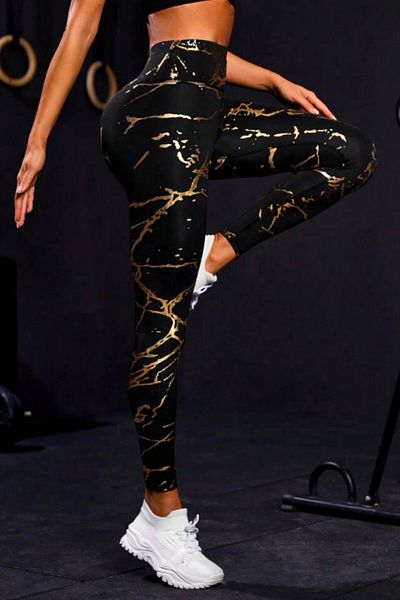 FashionForYou Colanți fitness aurii metalici, cu bandă modelatoare lată și imprimeu auriu, mărime L