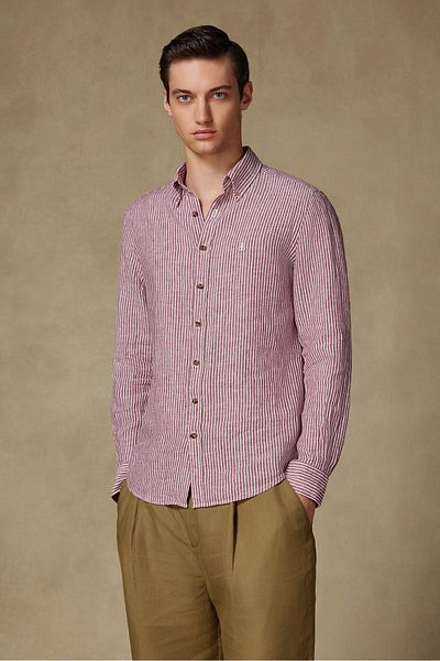 Abbate Sorento Linen Linen Comfort Fit Red Button Collar Men's Striped Shirt