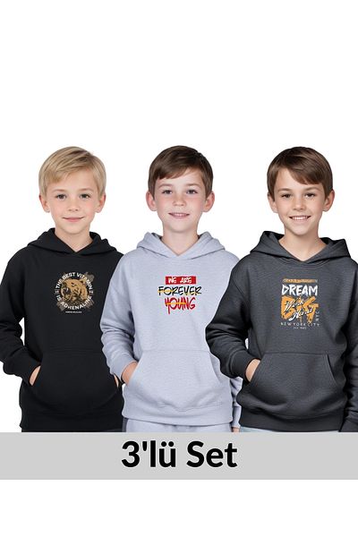 YA KO KİDS 3-Pack Hooded Kangaroo Pocket Printed Boy's Sweatshirt