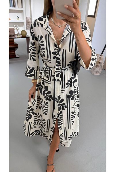 Sezgi Tekin Leaf Pattern Ecru Shirt Dress