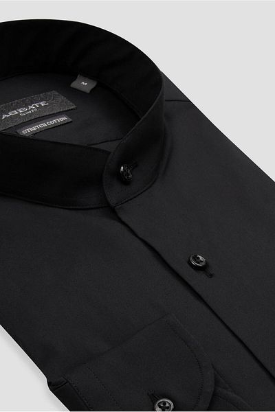 Abbate Mao Poplin Stretch Cotton Blended Slim Fit Black Judge Collar Men's Solid Shirt