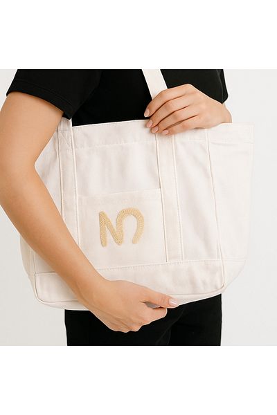 UCCELLO White Tote Bag with N Logo - Beach Bag, Thick Fabric, Orange Lining, Shoulder Strap