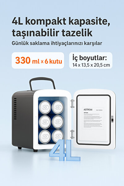 AstroAI Mini Buzdolabı 4L – Taşınabilir Sessiz Soğutucu (12V/220V, Raflı, Ev & Araç Kullanımı)