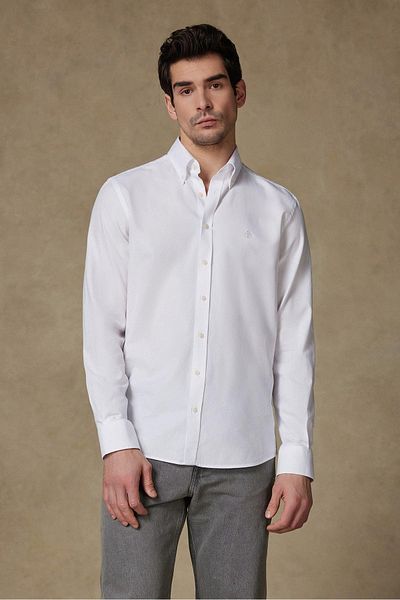 Abbate Matteo Royal Oxford Cotton Comfort Fit White Button-Down Collar Men's Solid Shirt