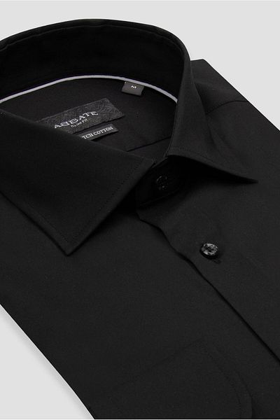 Abbate Enzo Poplin Stretch Cotton Blend Slim Fit Black Classic Collar Men's Solid Shirt