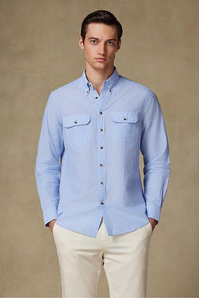Abbate Alba Linen Cotton Linen Blended Comfort Fit Blue Button Collar Men's Striped Shirt