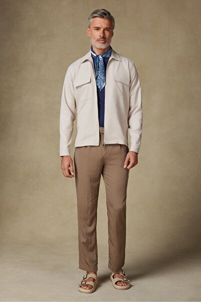 Abbate Verso Twill Overshirt Polyviscose Blended Oversize Fit Beige Classic Collar Men's Striped Shirt