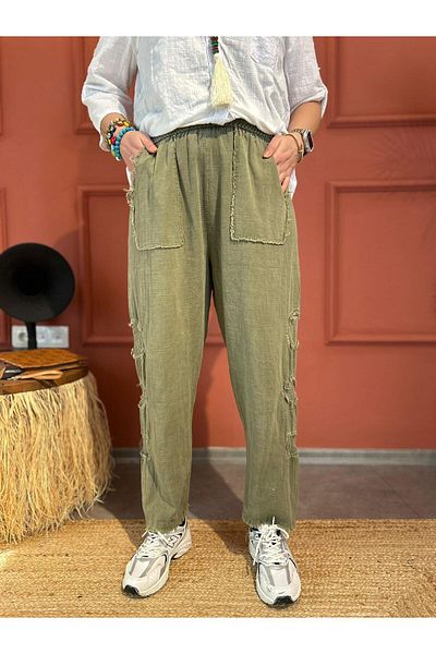 AGORATEKSTİL Women's Piece Side Mesh Rubber Waist Linen Trousers