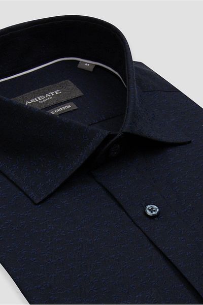 Abbate Donatello Jacquard Cotton Slim Fit Navy Blue Classic Collar Men's Patterned Shirt
