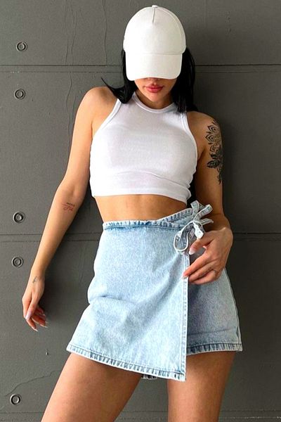 FashionForYou Fustă Guadalupe din denim, aspect înfășurat, Albastru deschis, S