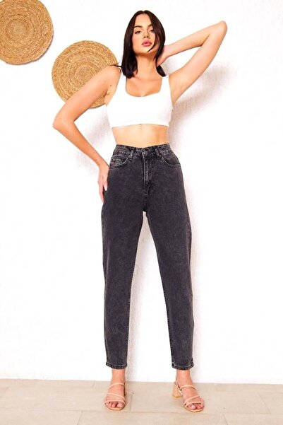 FashionForYou Blugi mom slim ThaLeea, cu talie inalta si croiala conica, Gri