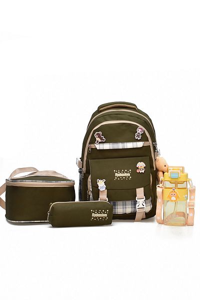 ELATAE Children's 4-Piece School Set Primary School Bag & Thermal Lunch Bag & Pen Holder & Water Bottle 1396