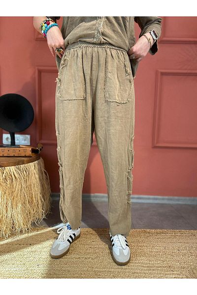 AGORATEKSTİL Women's Piece Side Mesh Rubber Waist Linen Trousers