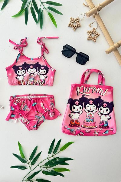 Minigimin Cicileri My Little Cicileri Crm Cake Printed Girl's Swimsuit Set with Bag - Pink