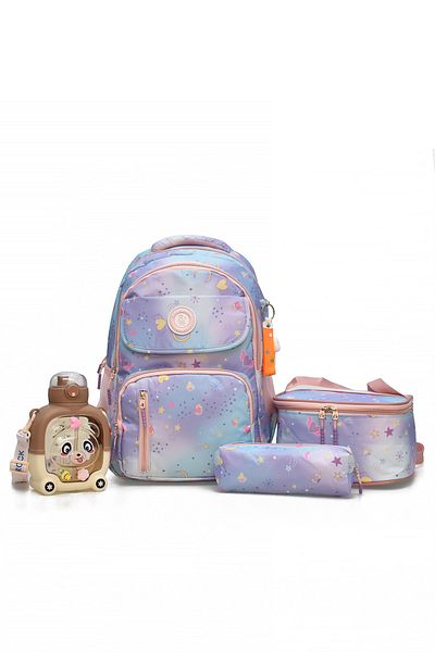 ELATAE Children's 4-Piece School Set Primary School Bag & Thermal Lunch Box & Pen Holder & Water Bottle 1390