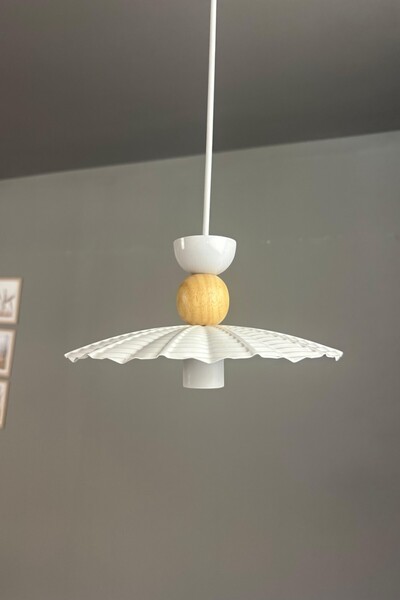 Bamyum Moriva Beyaz Metal Avize Ahşap Şapka Başlık Tekli Rustik Cafe Modern Sarkıt Aydınlatma