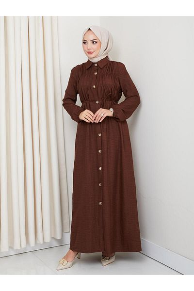 HARMAN BUTİK Women's Gathered Detailed Belted Buttoned Brown Dress
