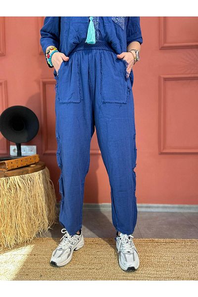 AGORATEKSTİL Women's Piece Side Mesh Rubber Waist Linen Trousers